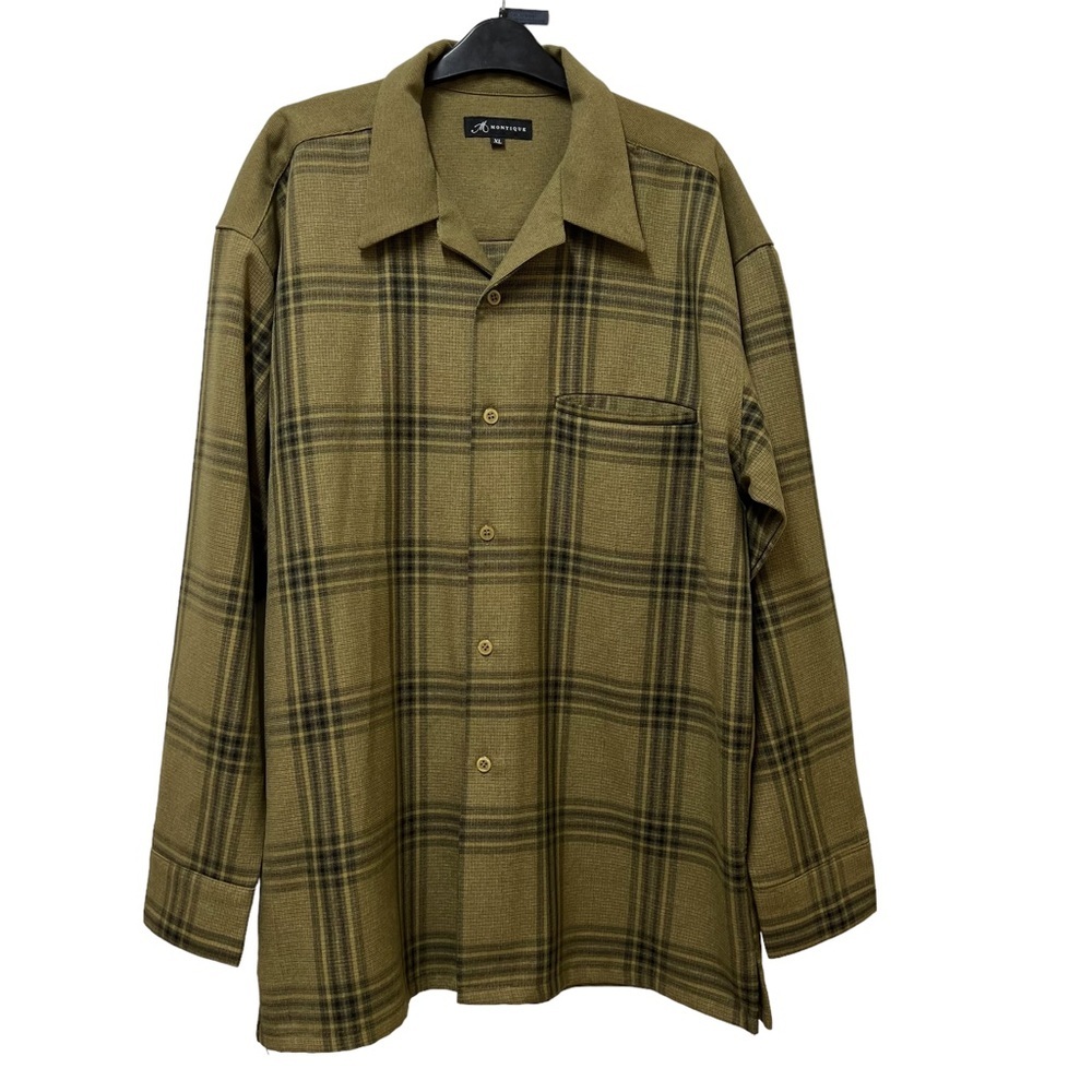 Montique Men’s Olive Plaid Long Sleeve Button Down Shirt Size XL